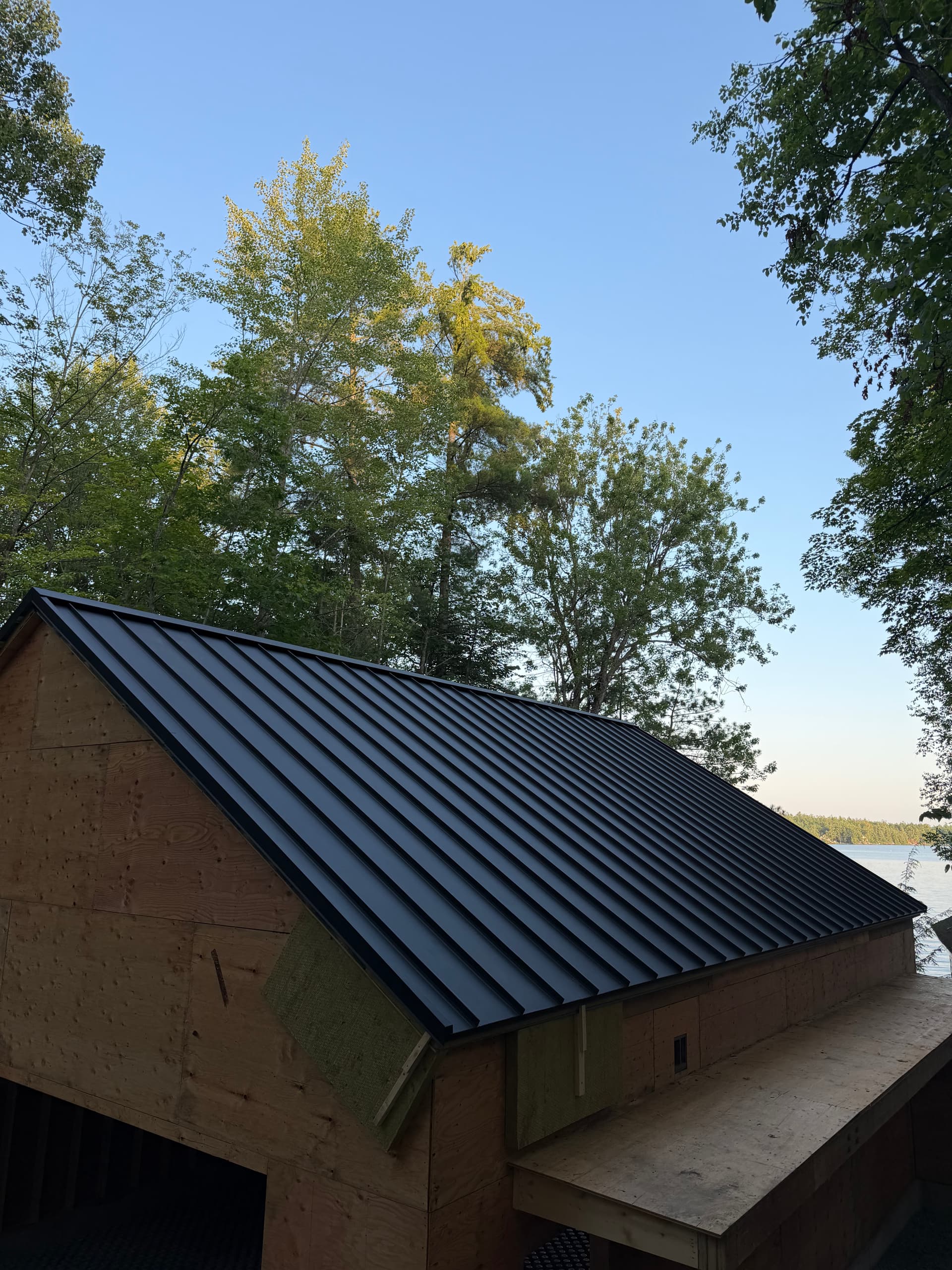 Charcoal standing seam roof with tree backdrop — VAH Construction